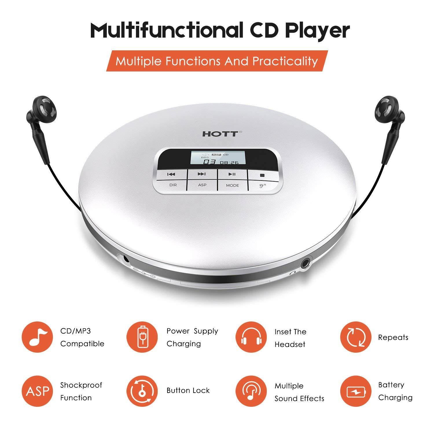 CD Player with Headphones, HOTT Personal CD Walkman Music Player with LCD Display, Skip Protection Shockproof Anti Scratch Function, Support CD, MP3 CD, CD-R, CD-RW Format - Black
