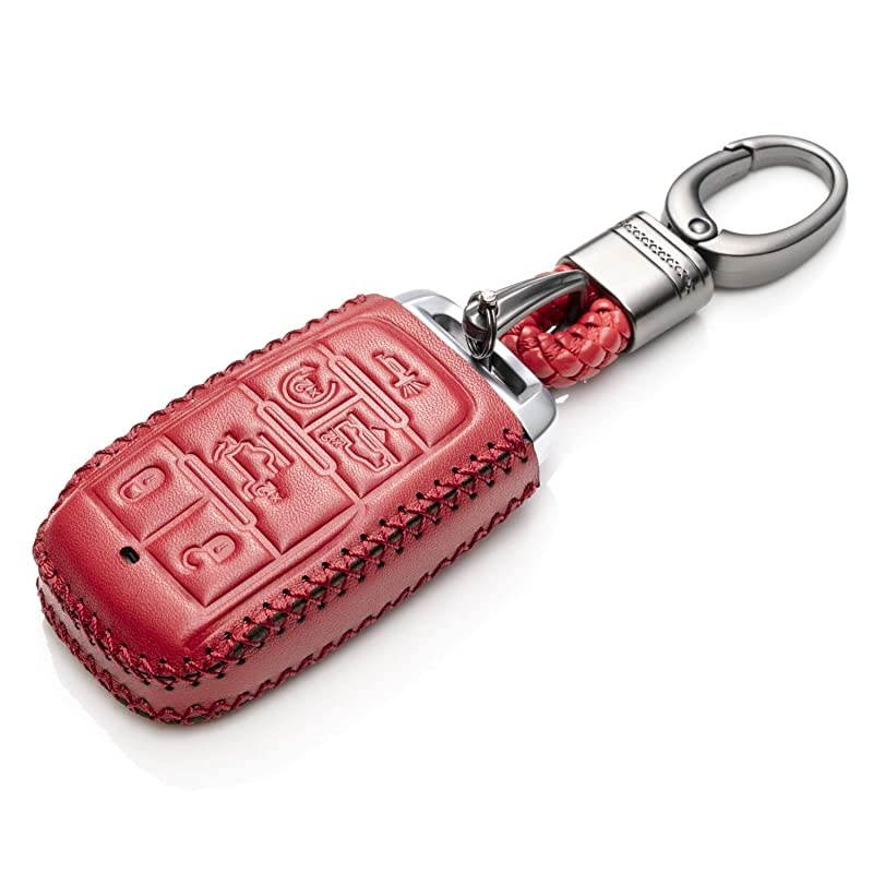 Genuine Leather Keyless Entry Remote Control Smart Key Case Cover with Leather Key Chain for 2019 2021 RAM 1500 6Button Red
