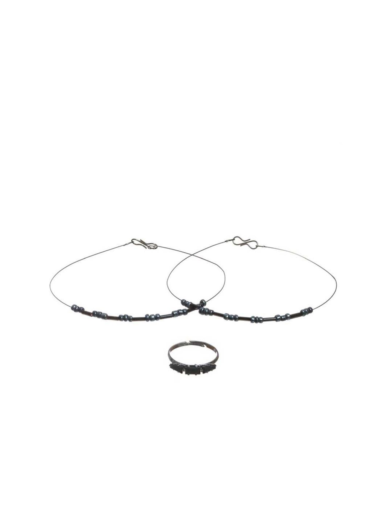Jazz And Sizzle Black Handcrafted Anklets & 1 Black Stone Ring for Women - Set of 3