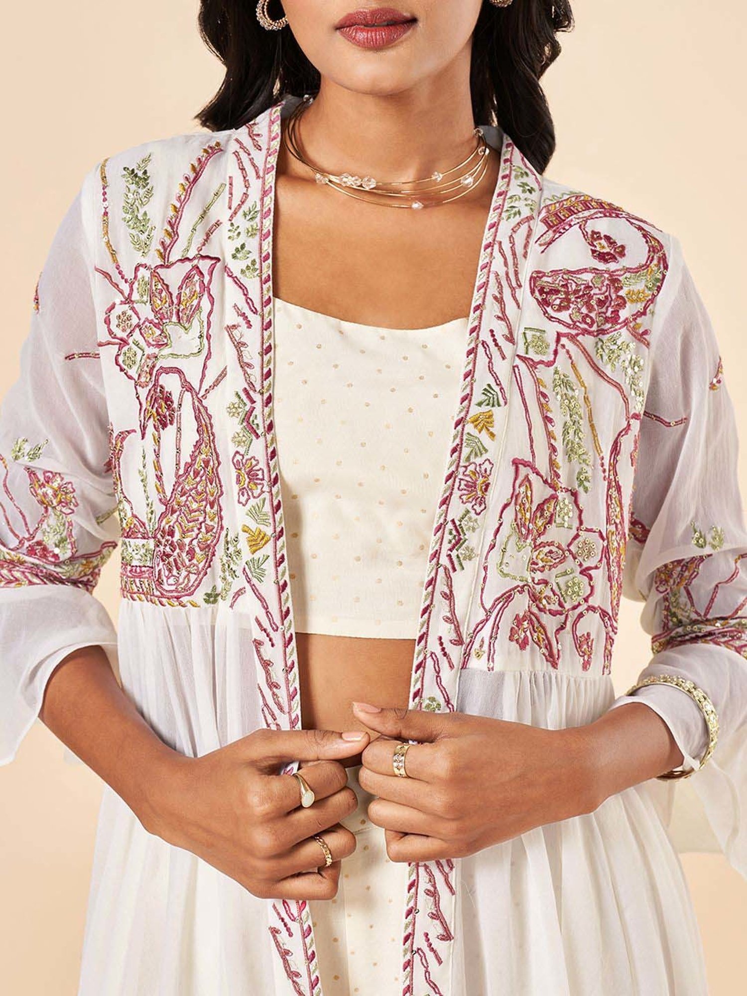 Marigold Lane White Embroidered Crop Top Palazzo Set With Cape