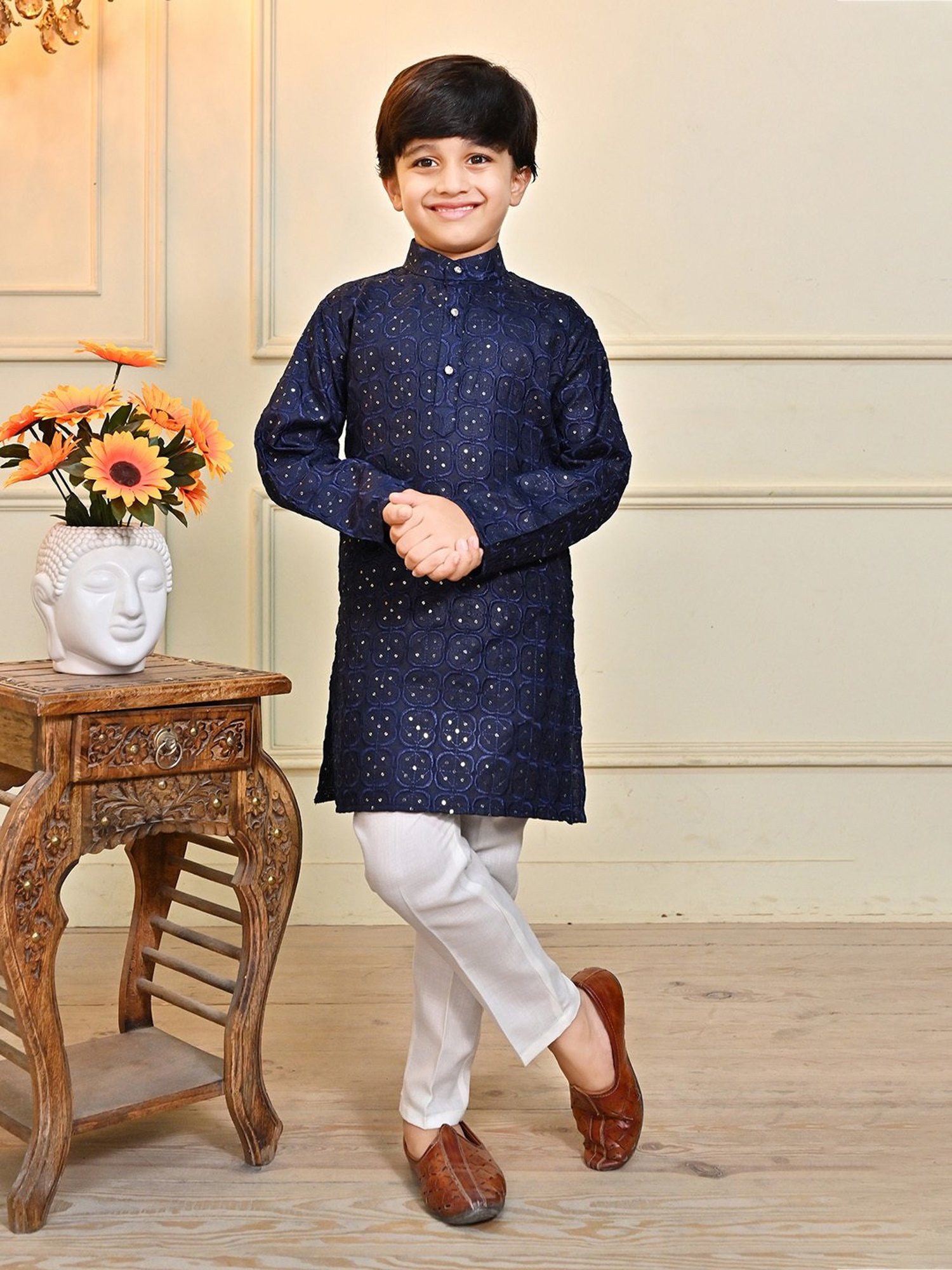 Ahhaaaa Kids Navy & White Embellished Full Sleeves Kurta With Pyjamas