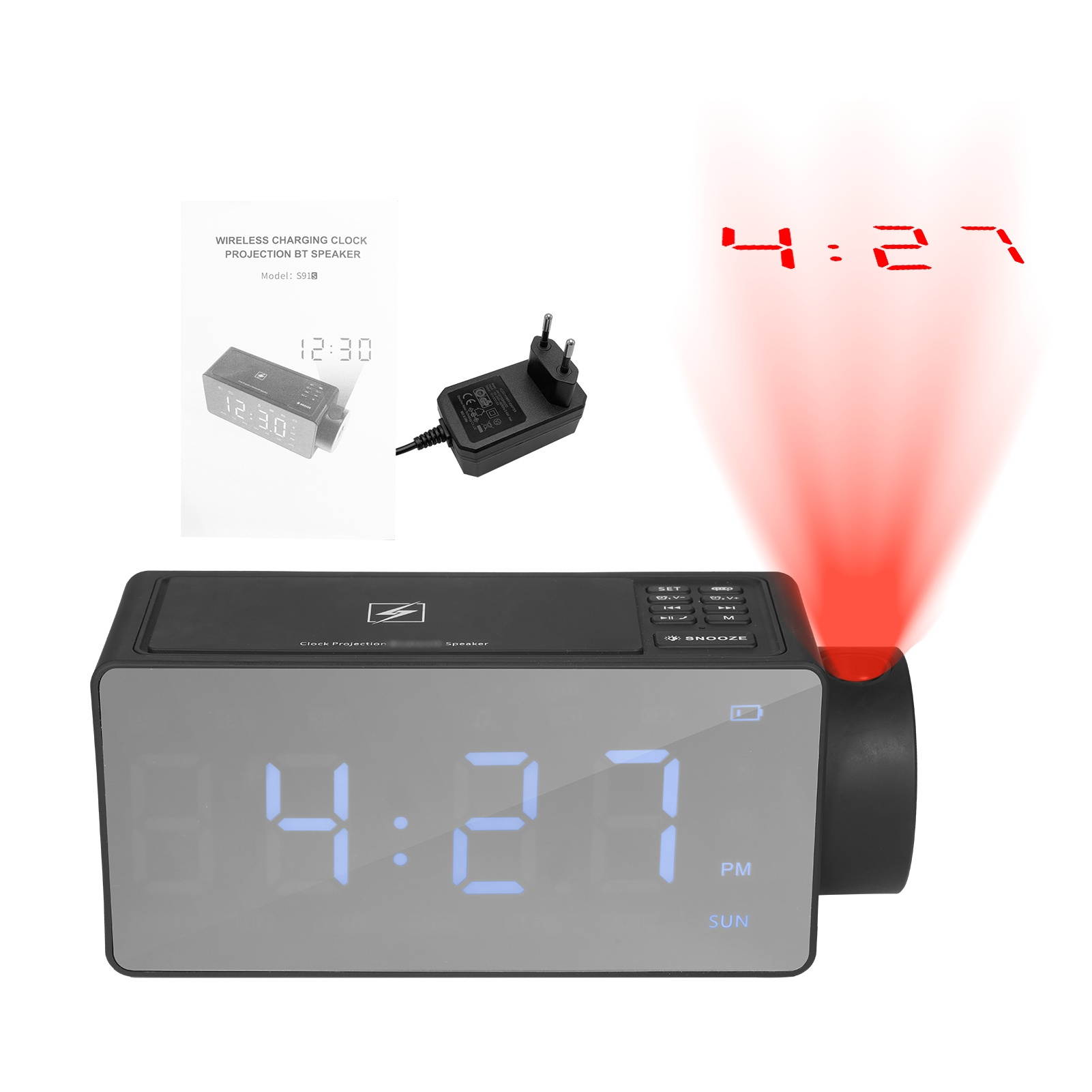 Projection Alarm Clock with BT Speaker 180&deg;Projector Wireless Charging Dual Alarms Snooze Large Mirror LED Display Dimmer for Bedroom Office