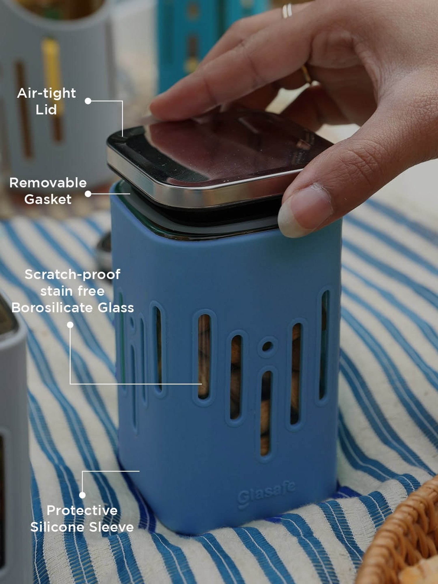 Glasafe 'O' Grip Tranquil Teal Borosilicate Containers - Set of 6 (250ml)