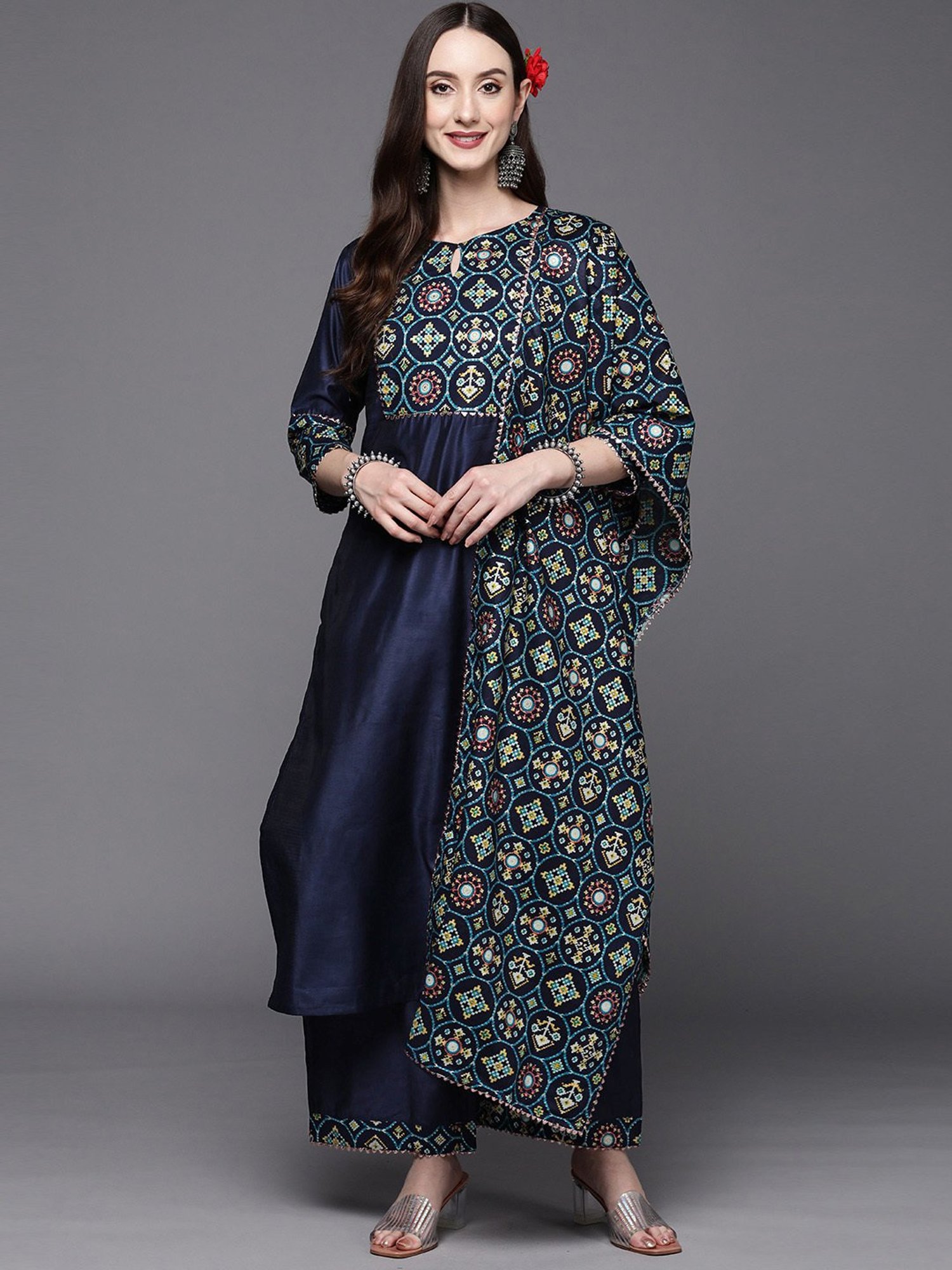 Indo Era Navy Printed Kurta Palazzo Set With Dupatta