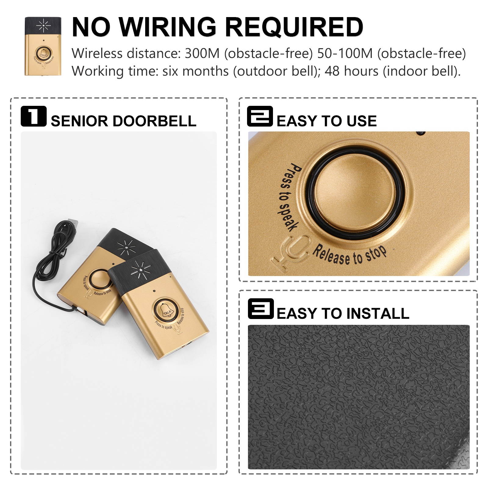 2.4G Wireless Intercom Doorbell Wireless Voice Two-Way Portable Walkie-talkie Doorbell (Gold)