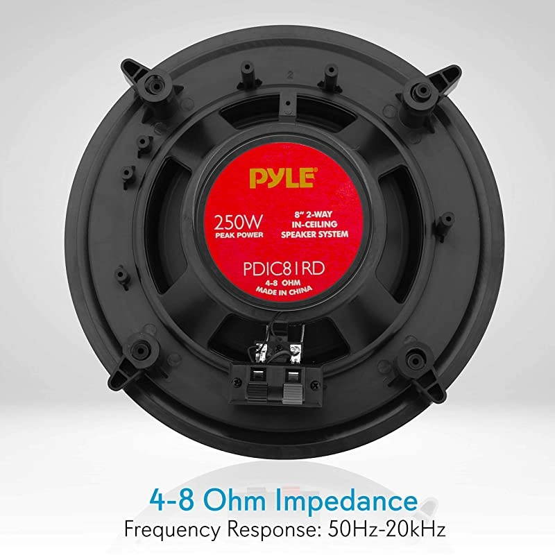 PDIC81RDBK 8 Ceiling Wall Mount Speakers Pair of 2Way Midbass Woofer Speaker 12 Polymer Dome Tweeter Flush Design w 50Hz 20kHz Frequency Response 250 Watts Peak Easy Installation
