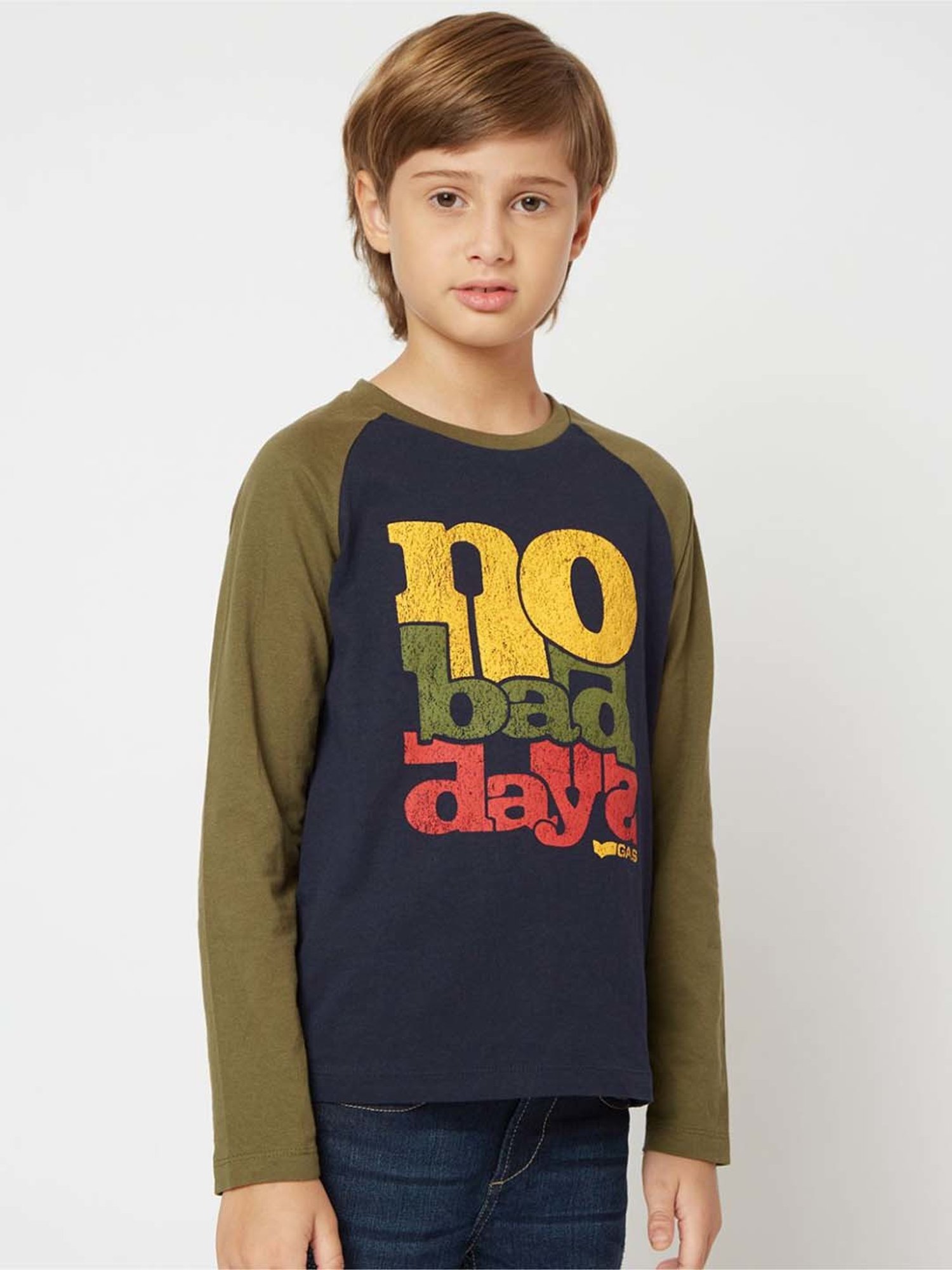 Gas Kids Navy & Green Cotton Printed Full Sleeves T-Shirt