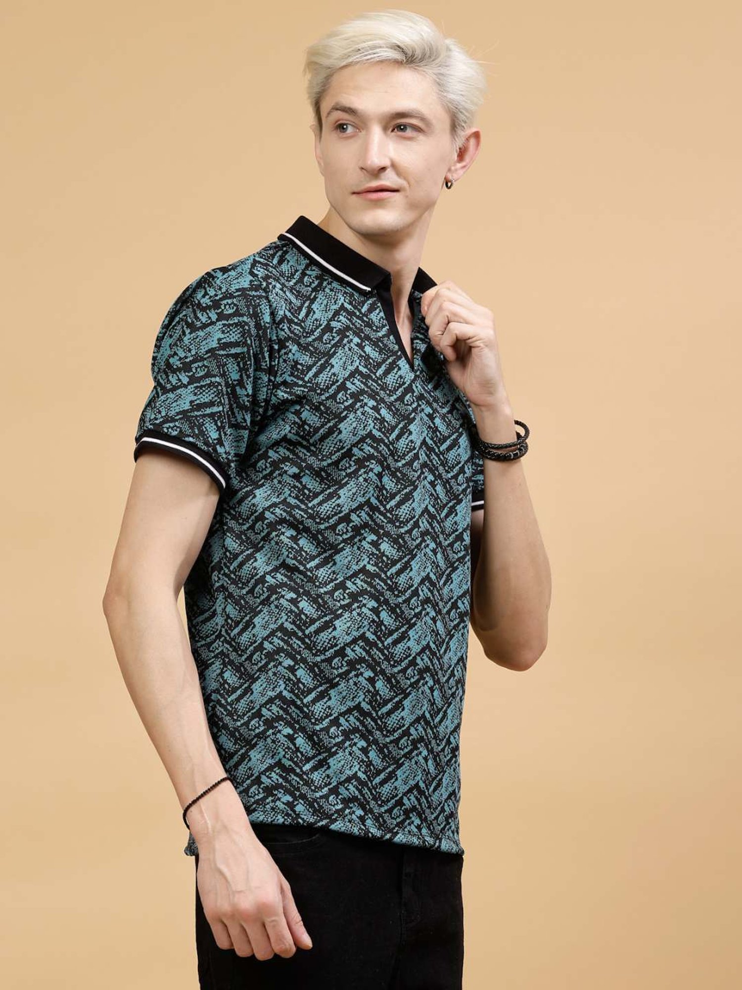 Rigo Teal Slim Fit Printed Polo T-Shirt