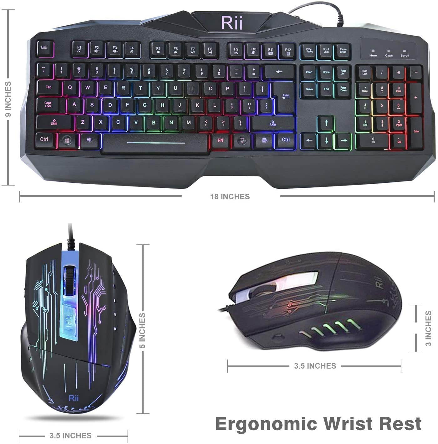 Rii Gaming Keyboard and Mouse Combo,LED Rainbow Backlit USB Wired Computer Keyboard 104 Key,Spill-Resistant Design,Ergonomic Wrist Rest Keyboard Mouse Set for Windows PC Gamer. Black