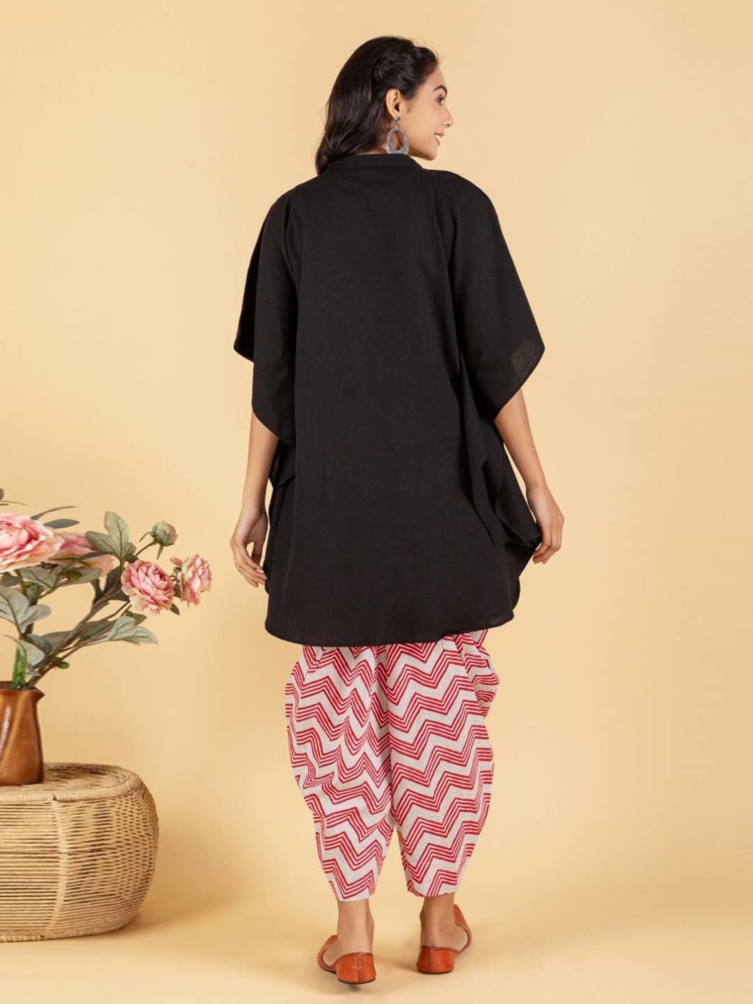 Ekohum Black, Red & White Mirror Embroidered Kaftan with Zig-Zag Print Dhoti