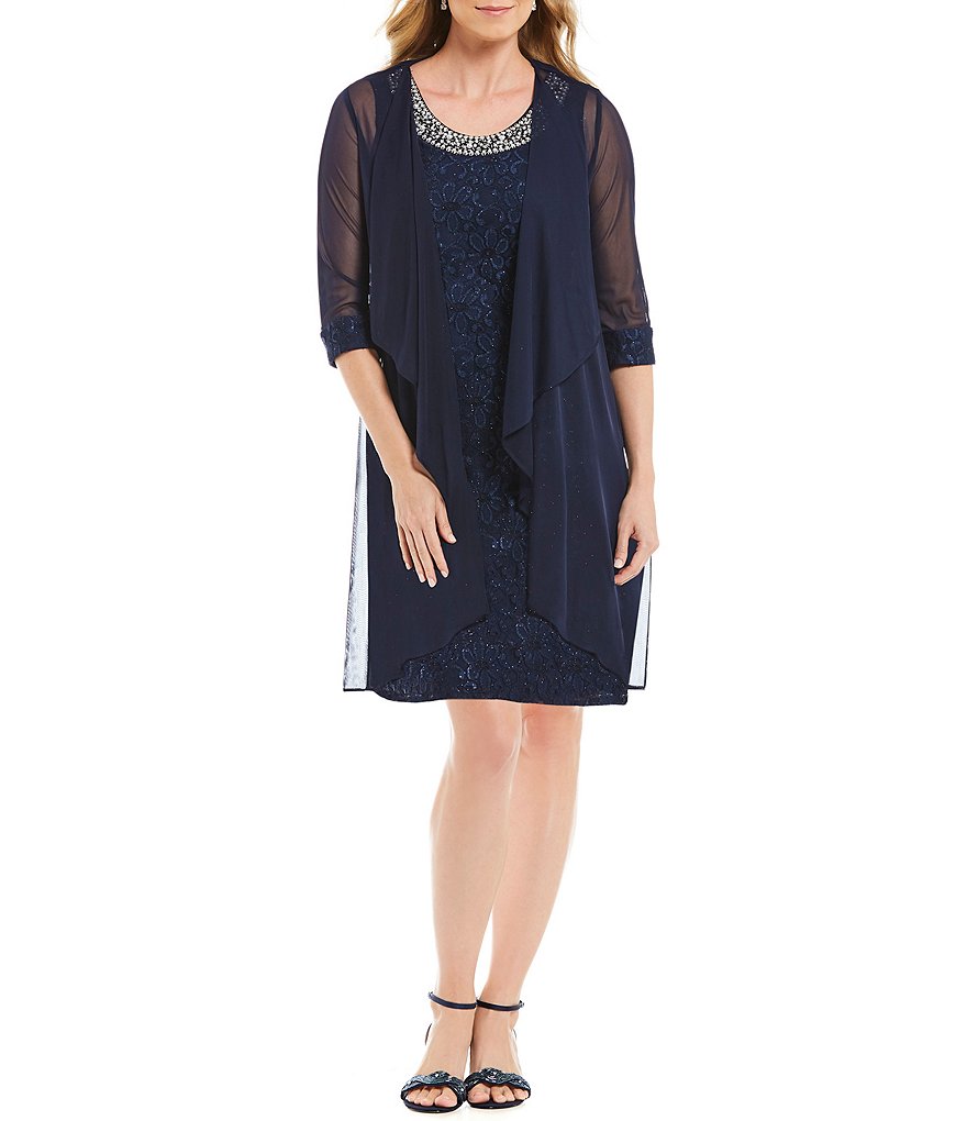 R & M Richards Petite Size Beaded Scoop Neck 3/4 Sleeve Lace 2-Piece Glitter Jacket Dress