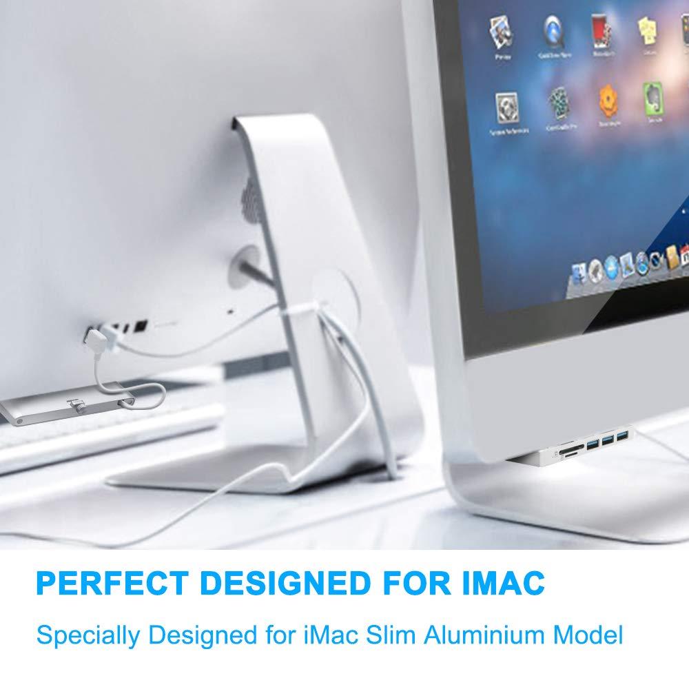 Rocketek iMac Hub Aluminum 3-Port USB 3.0 Hub Adapter with SD & Micro SD Card Reader Combo - Compatible with 2017 iMac and iMac Pro (Silver)