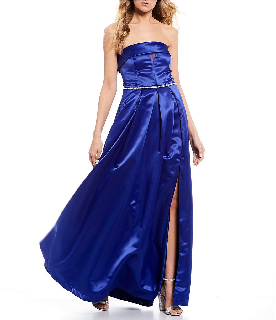 Teeze Me Strapless Cuff-Neck Side Slit Beaded Waist Satin Ball Gown