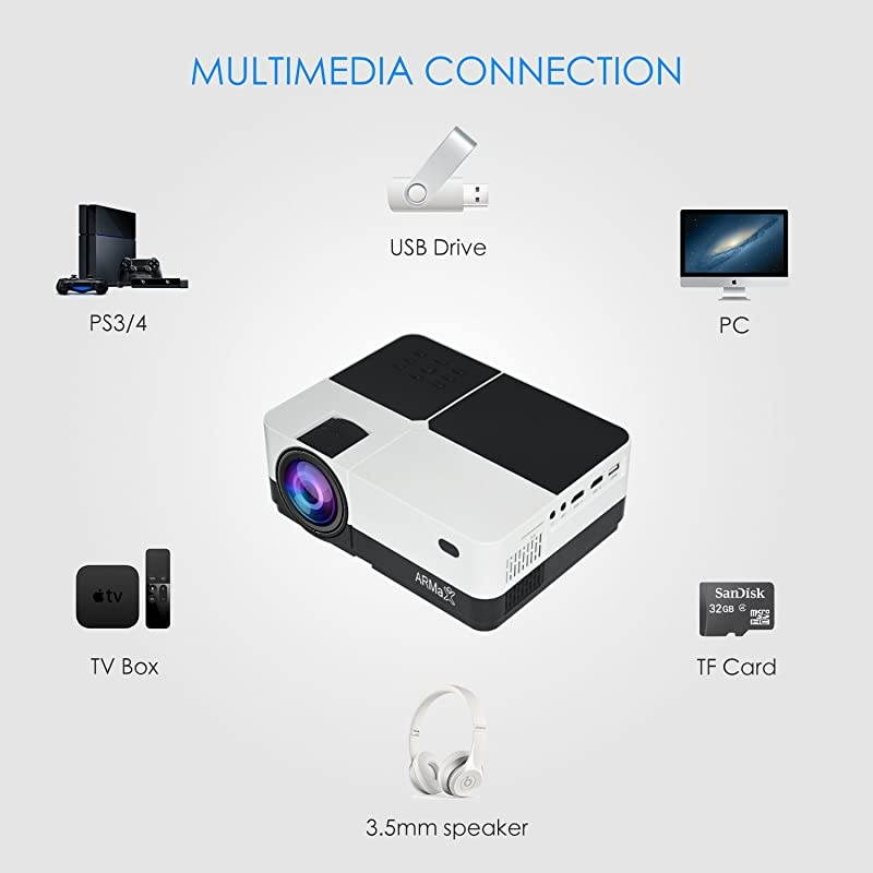 LED Movie ProjectorMultimedia Home Theater Projector Support 1080P with Free HDMI Cable 360&deg; Speaker Black and White Support 1080p