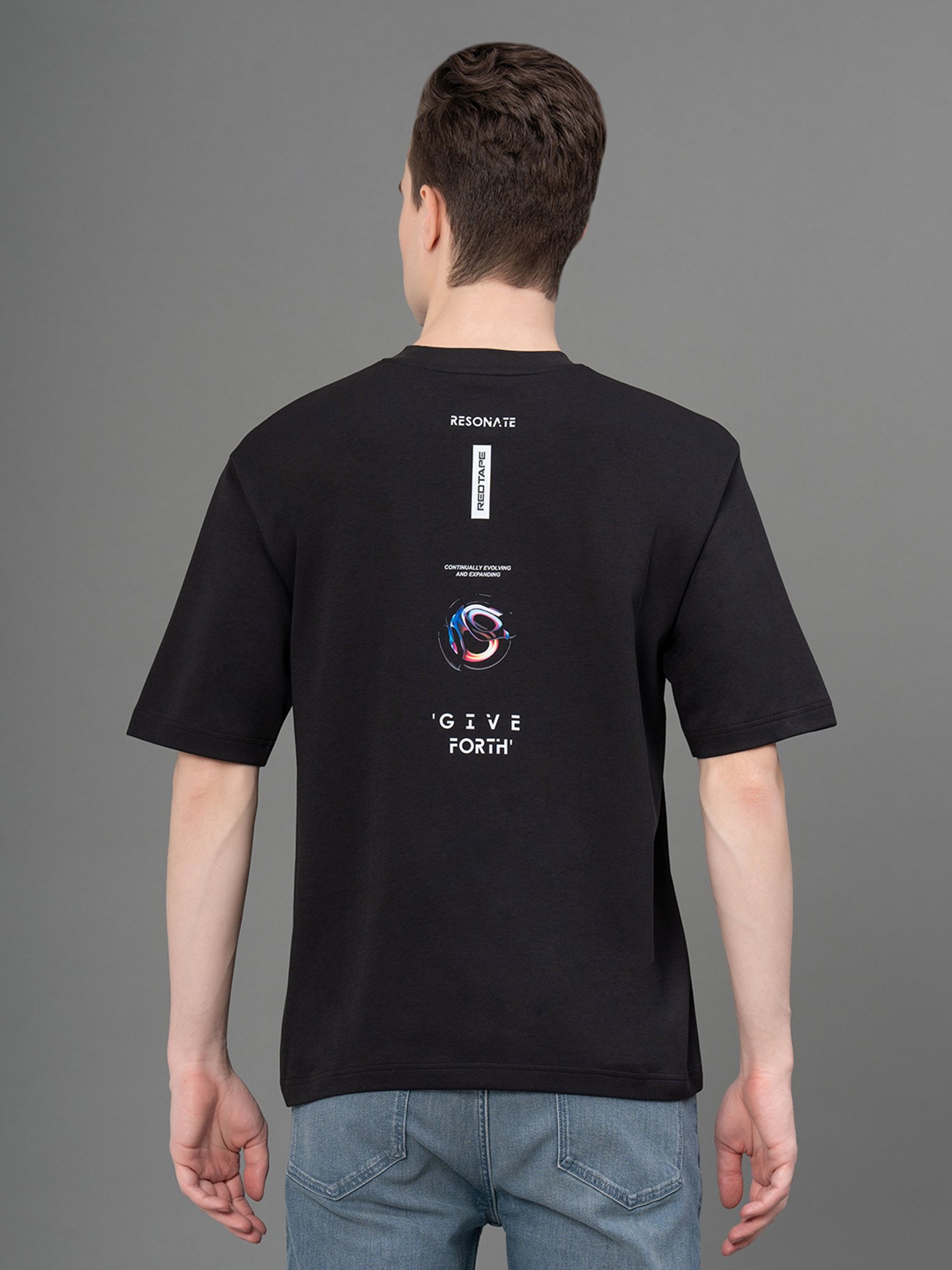 Red Tape Black Regular Fit Printed Crew T-Shirt