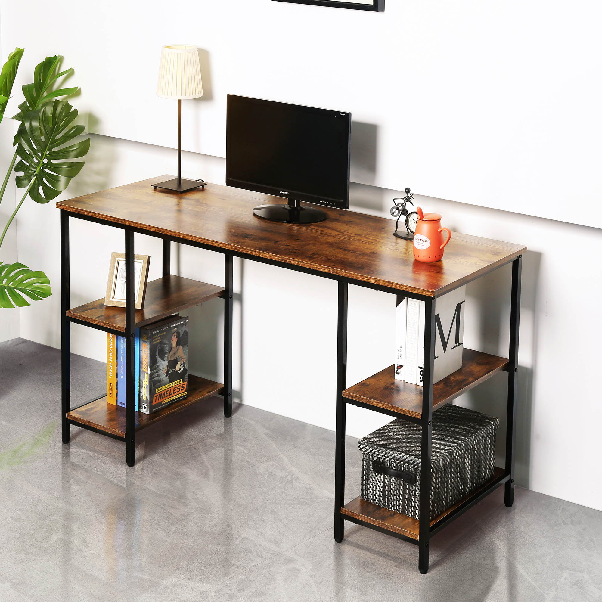55 Inch Gaming Desk Racing Style Computer Desk Living Room Desk Home Office Desk Writing Table Study Table With 2 Shelves On Either Side and Adjustable Foot