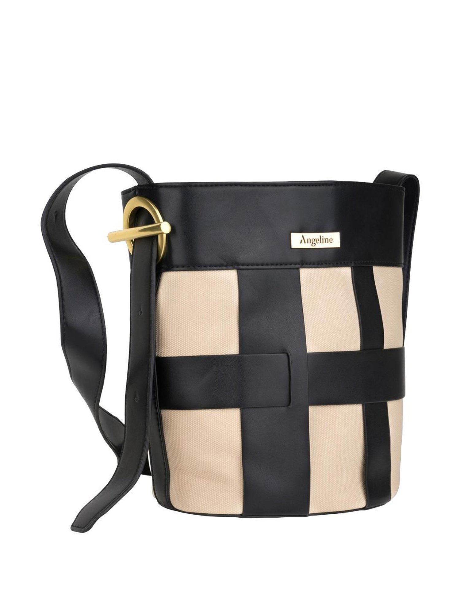 Angeline Black Paneled Medium Tote Handbag