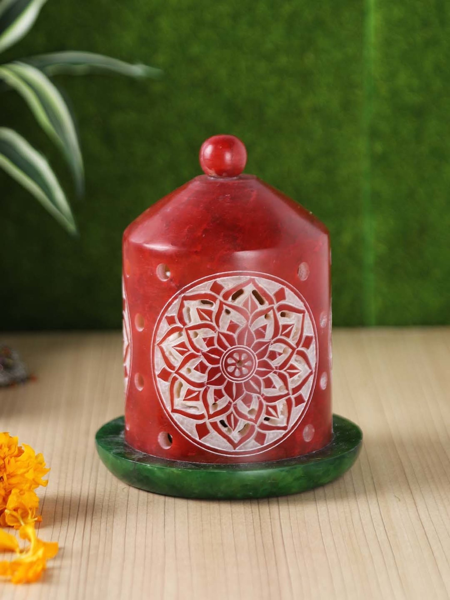 Aapno Rajasthan Red & Green Stone Bell Shaped Tealight Holder