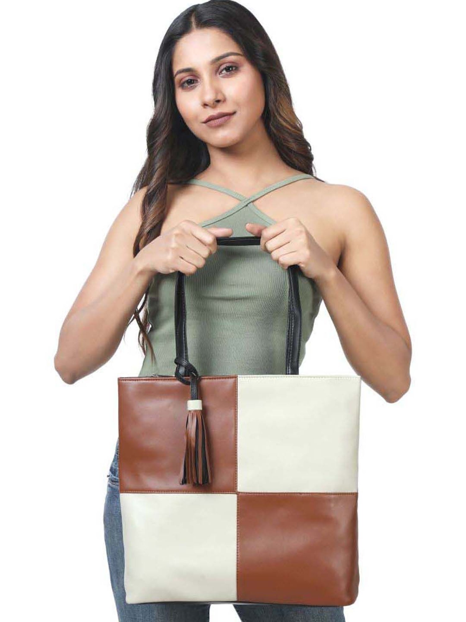 Toteteca White & Tan Color Block Medium Tote Handbag