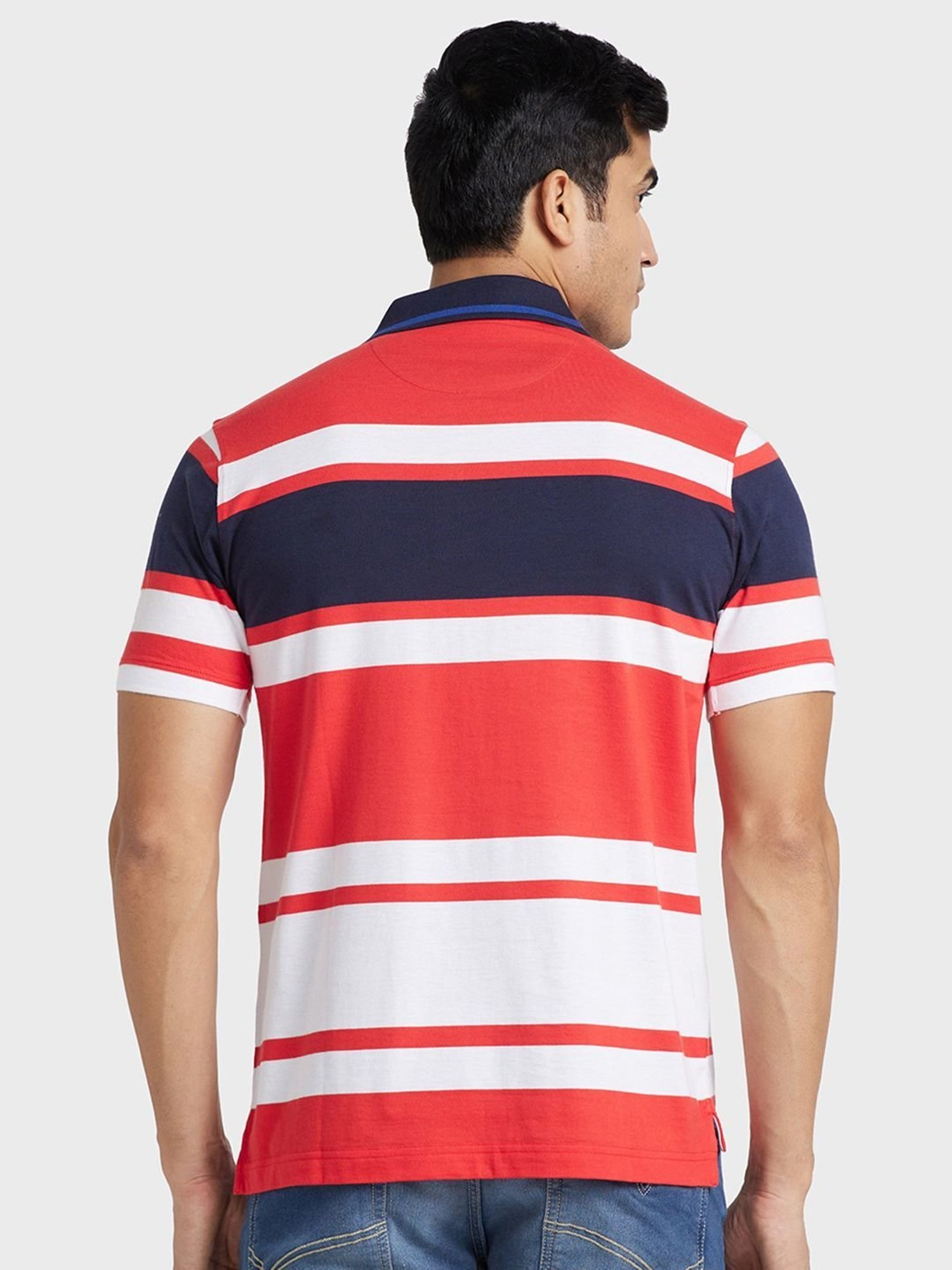 Colorplus Red Cotton Tailored Fit Striped Polo T-Shirt