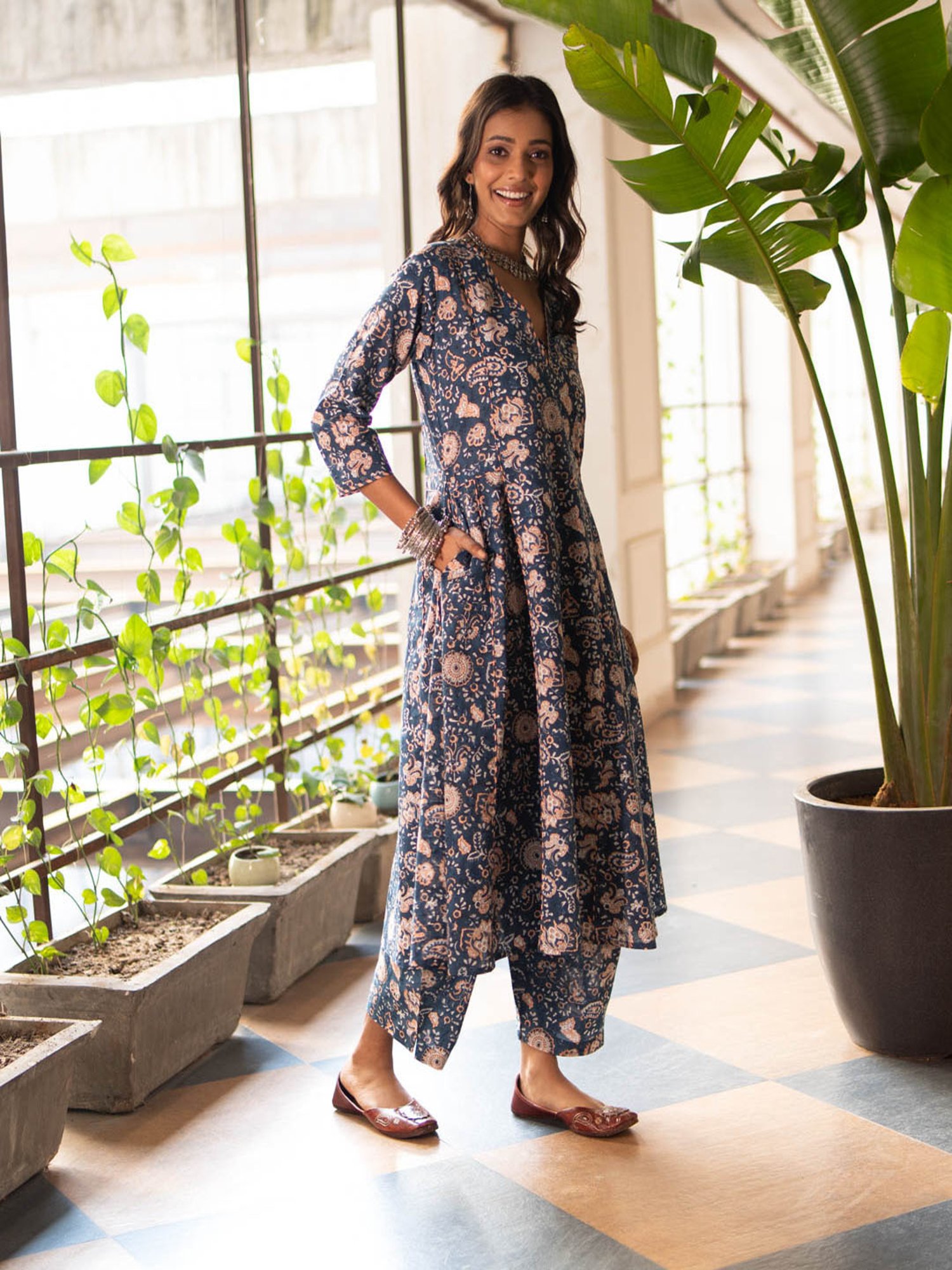 Akiso Blue Block Printed Anarkali Kurta Set With Hand Embroidery Details (Set Of 2)