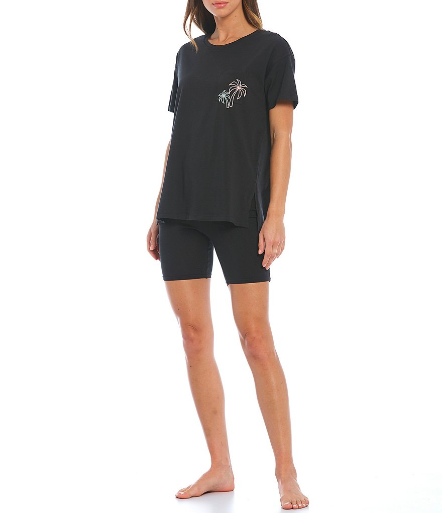 Jasmine & Ginger Embroidered Palm Tree Pocket Jewel Neck Short Sleeve Knit Sleep Tee
