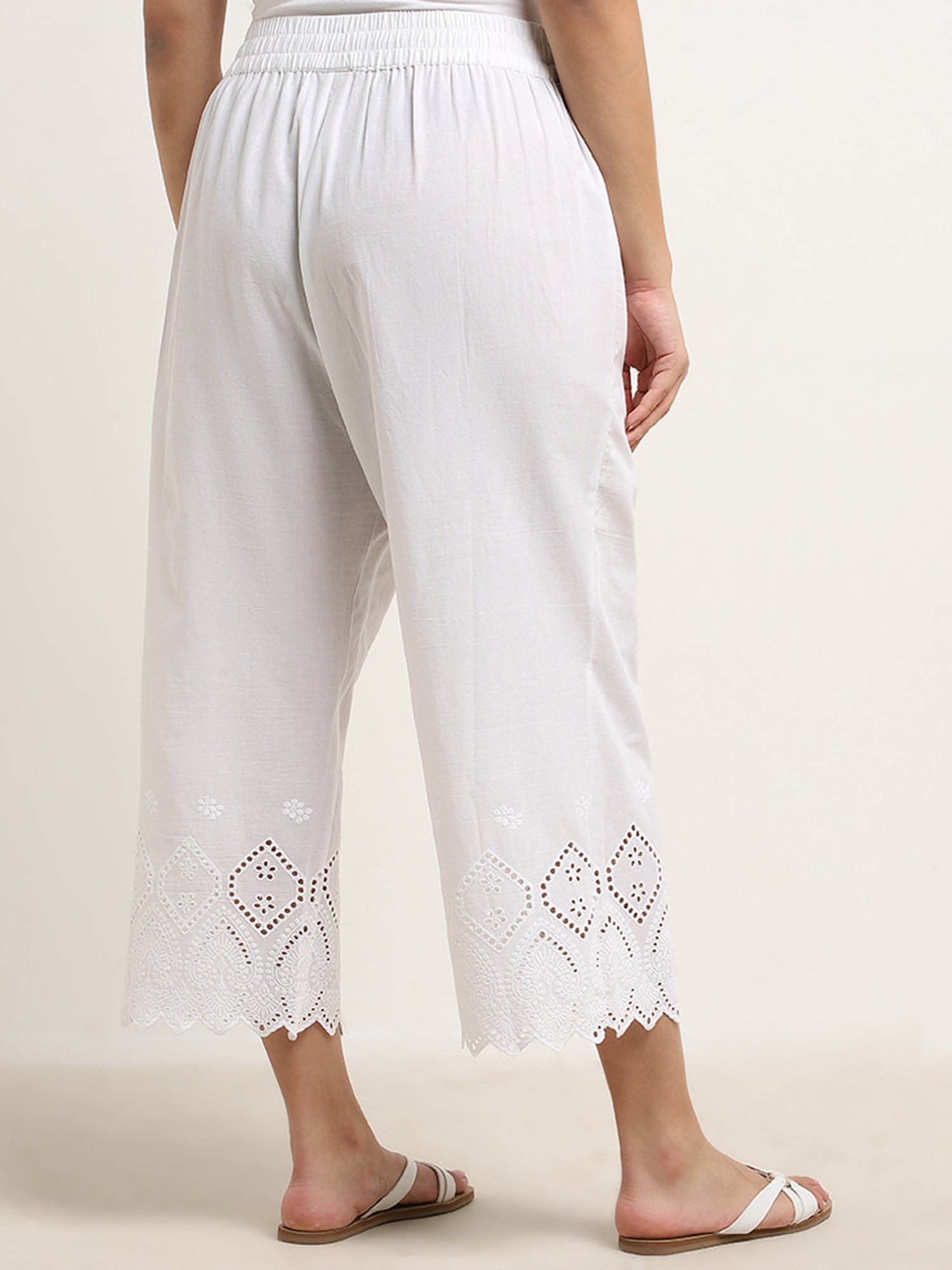 Diza by Westside White Schiffli Design High-Rise Cotton Palazzos