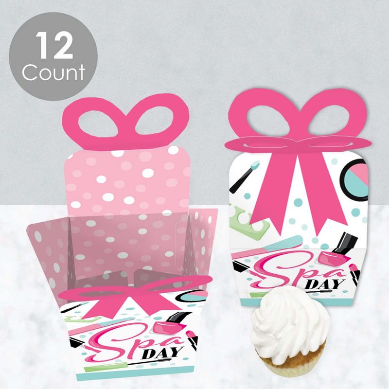 Big Dot of Happiness Spa Day - Square Favor Gift Boxes - Girls Makeup Party Bow Boxes - Set of 12