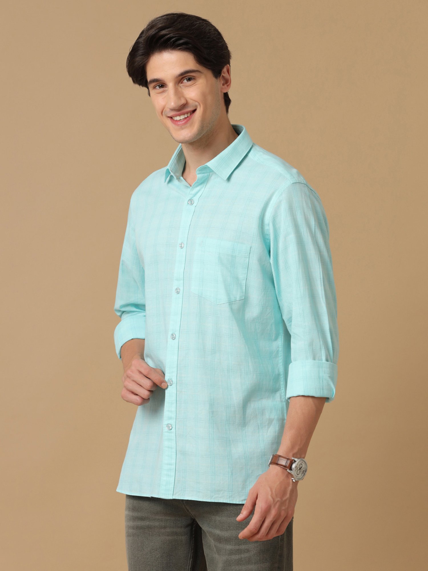 CAVALLO by Linen Club Turquoise Contemporary Fit Check Shirt