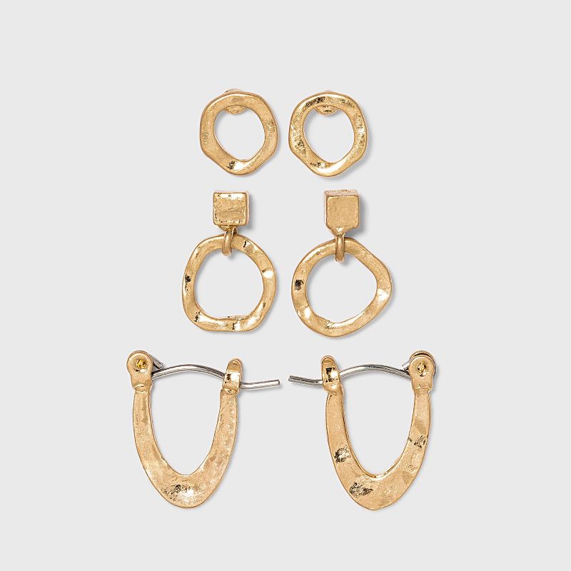 Hammed Metal Hoop and Stud Earring Set 3pc - A New Day™ Gold