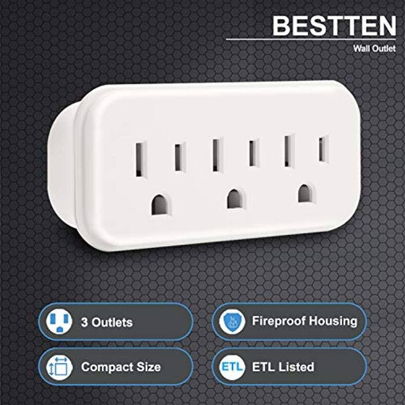 [5 Pack] BESTTEN 3 Outlet Wall Adapter, 15A/125V/1875W, Mini Grounded Plug Splitter, ETL Listed, White
