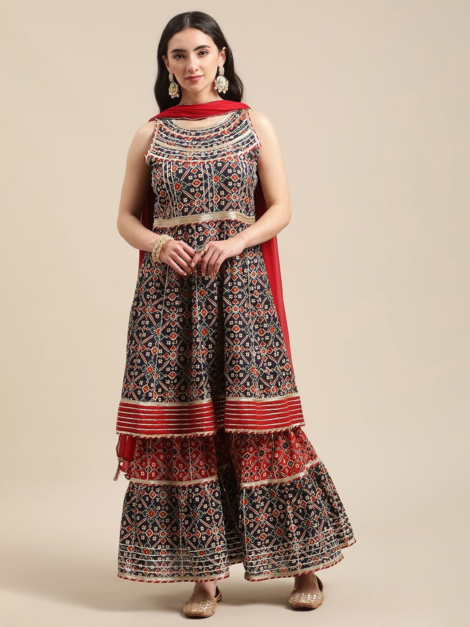 KSUT Navy Cotton Printed Kurta Sharara Set With Dupatta