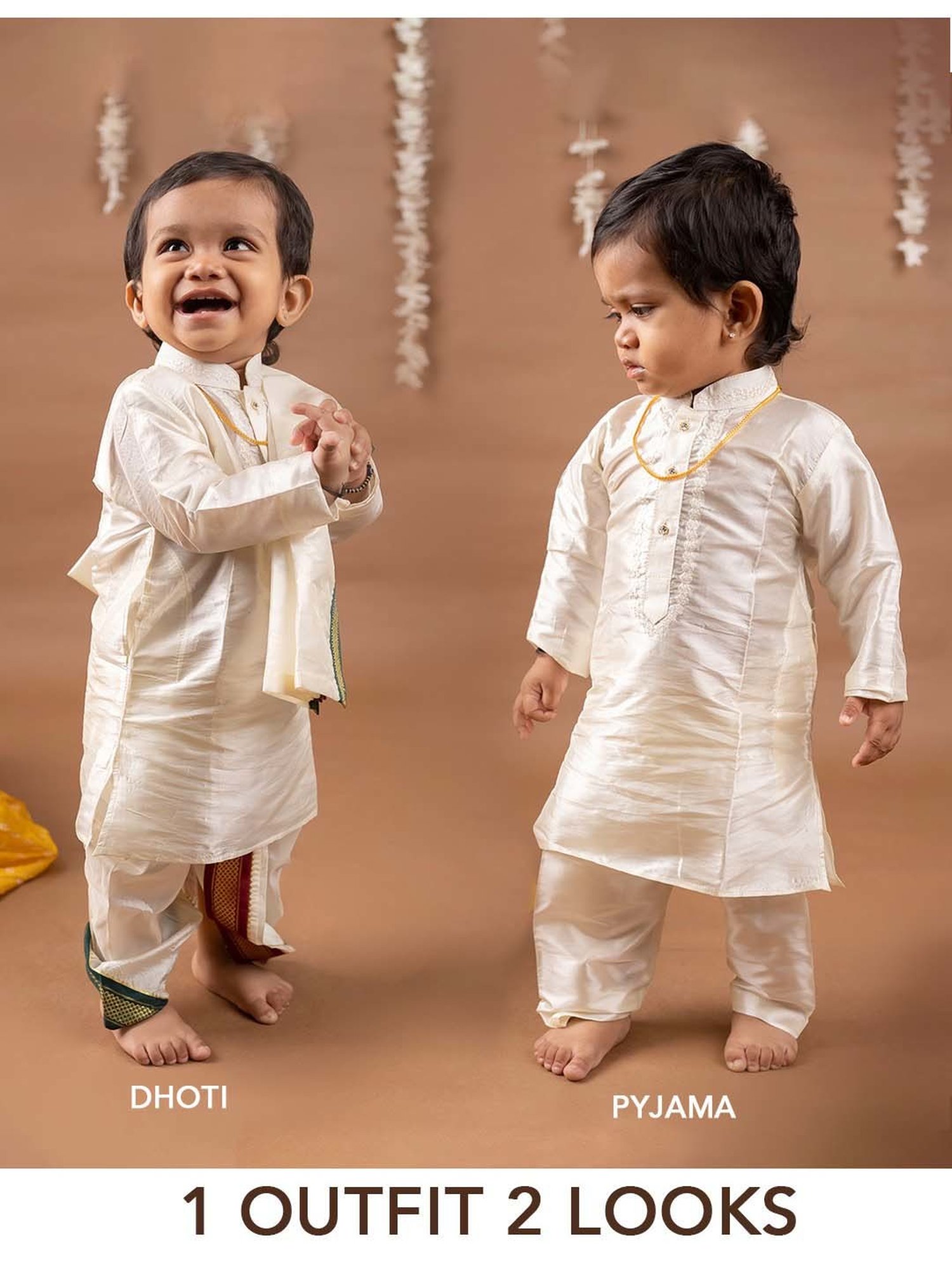 Baby Moo Kids Cream & Green Regular Fit Full Sleeves Kurta Set