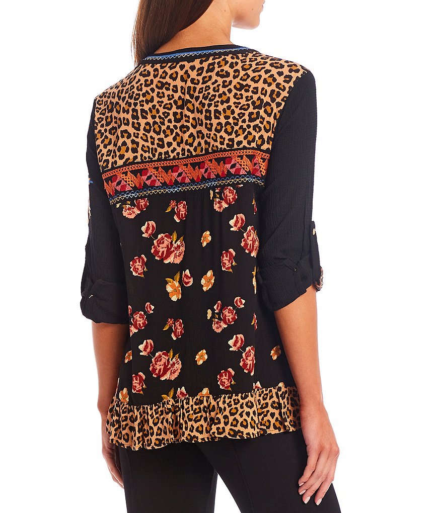 Calessa Petite Size Floral Embroidery Round Neck Button Front Long Roll-Tab Sleeve Tunic