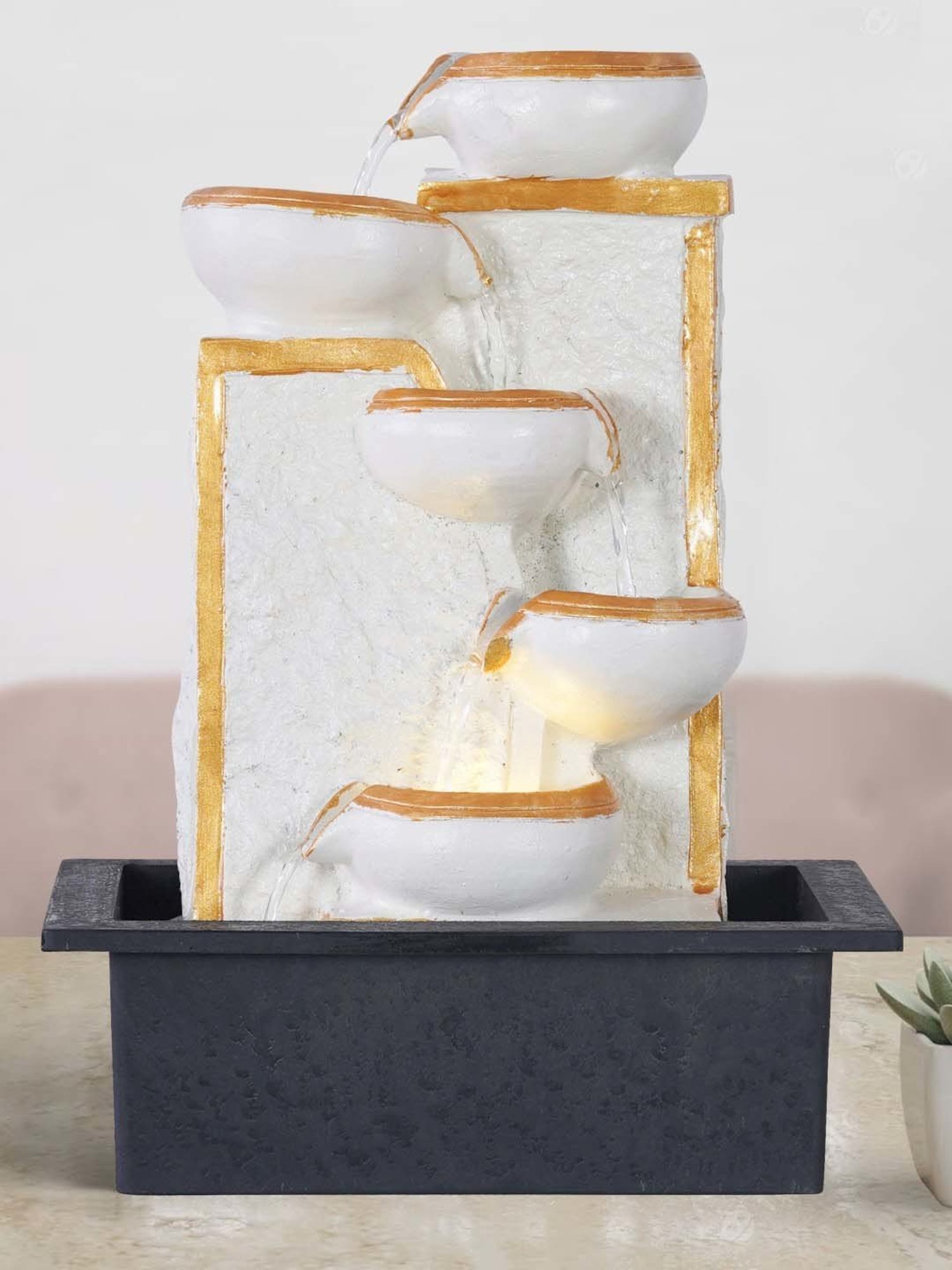 CHRONIKLE Golden & White Polyresin Table Top 5 Diya Steps Waterfall Fountain