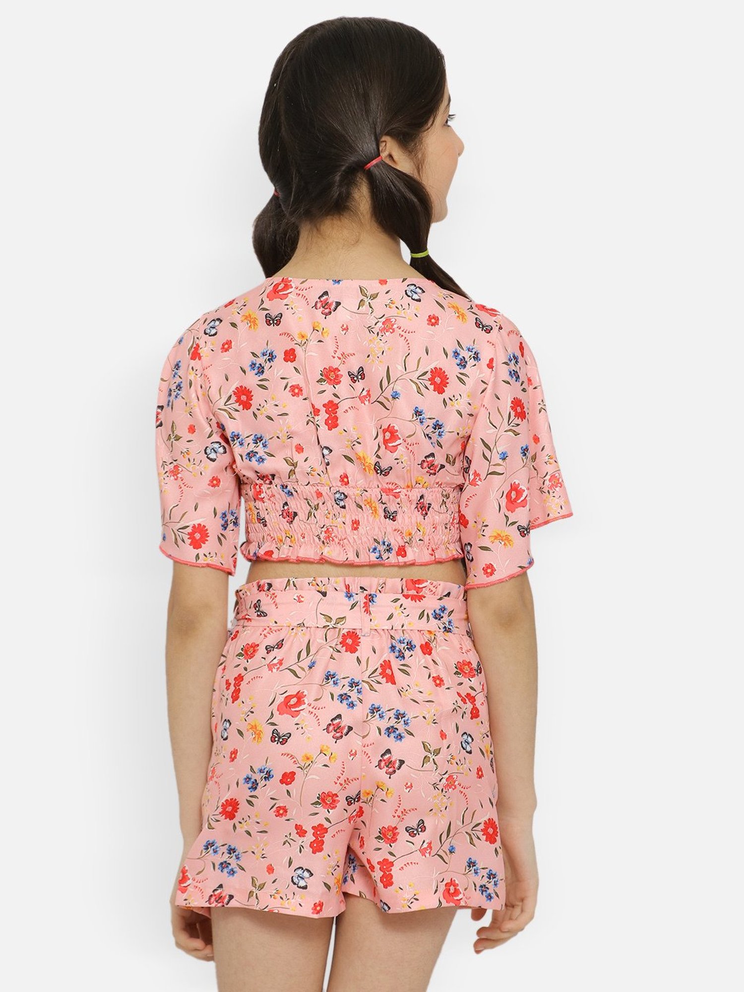 Nauti Nati Kids Peach Floral Print Top, Shorts with Waist Tie Ups