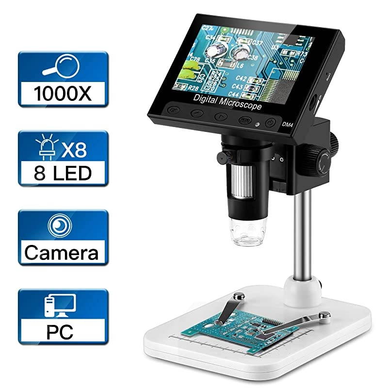 43 inch LCD Digital USB Microscope Endoscope Record 1000X Magnification Zoom 8 Adjustable LED Light MicroSD Storage Camera Video Recorder for Repair Soldering