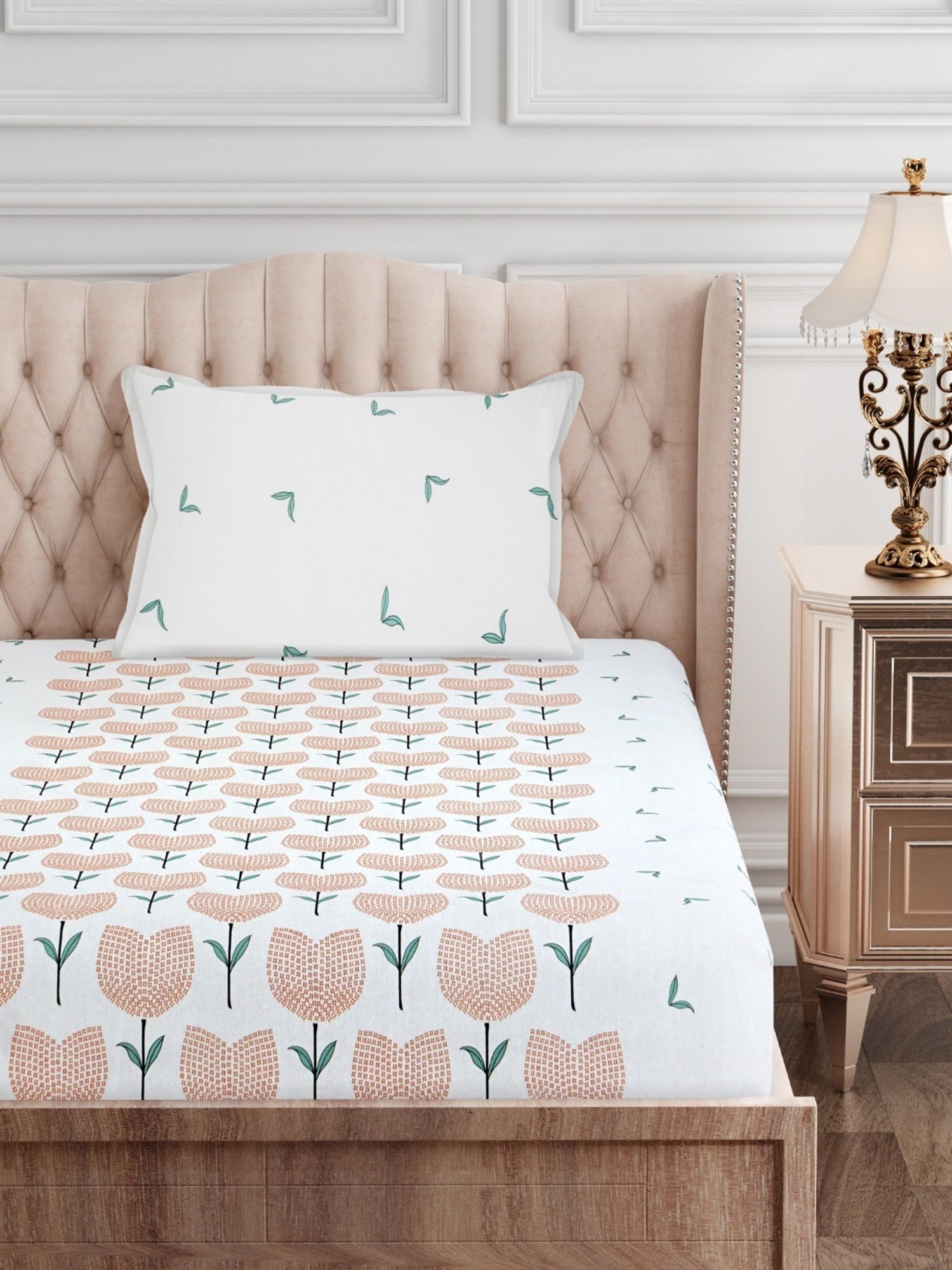 SEJ by Nisha Gupta Floral Brown 144 TC Cotton Single Bed Sheet with 1 Pillow Cover