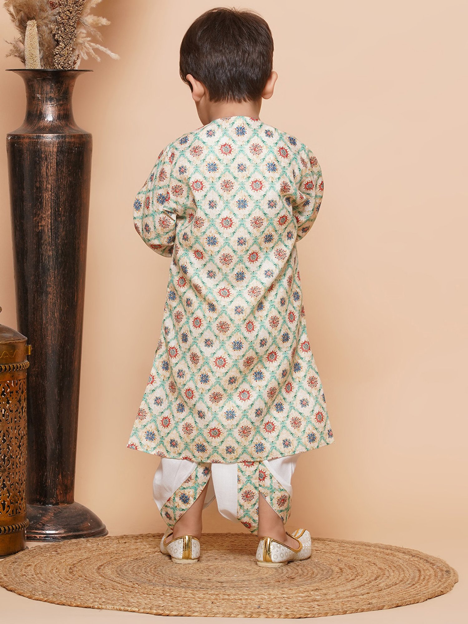 AJ Dezines Kids Light Yellow & White Floral Print Full Sleeves Kurta with Dhoti