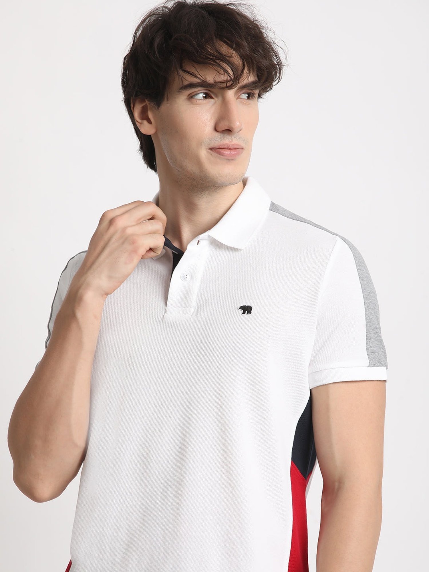 The Bear House White Cotton Slim Fit Colour Block Polo T-Shirt