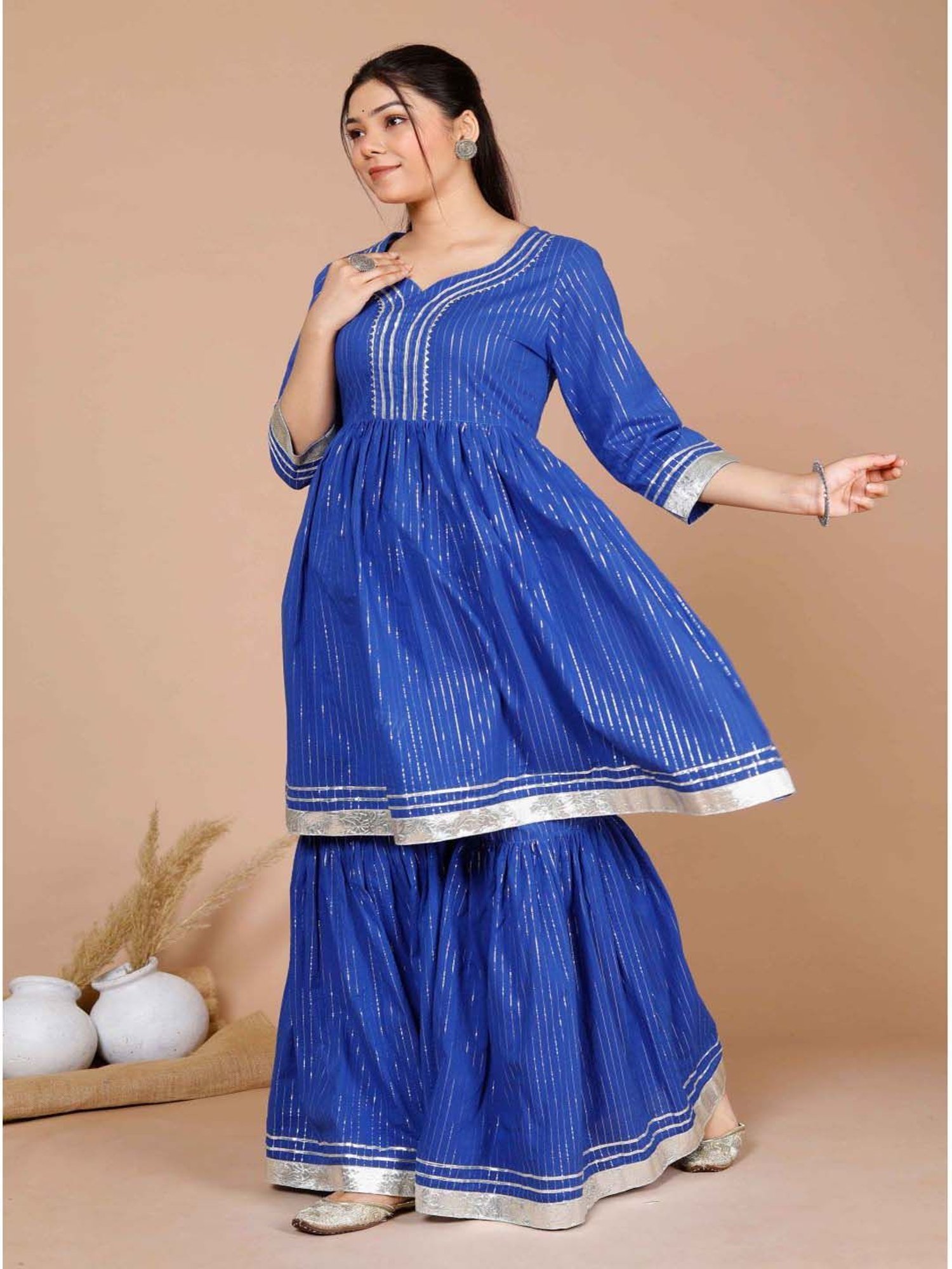 Miravan Blue Cotton Striped Kurti Sharara Set
