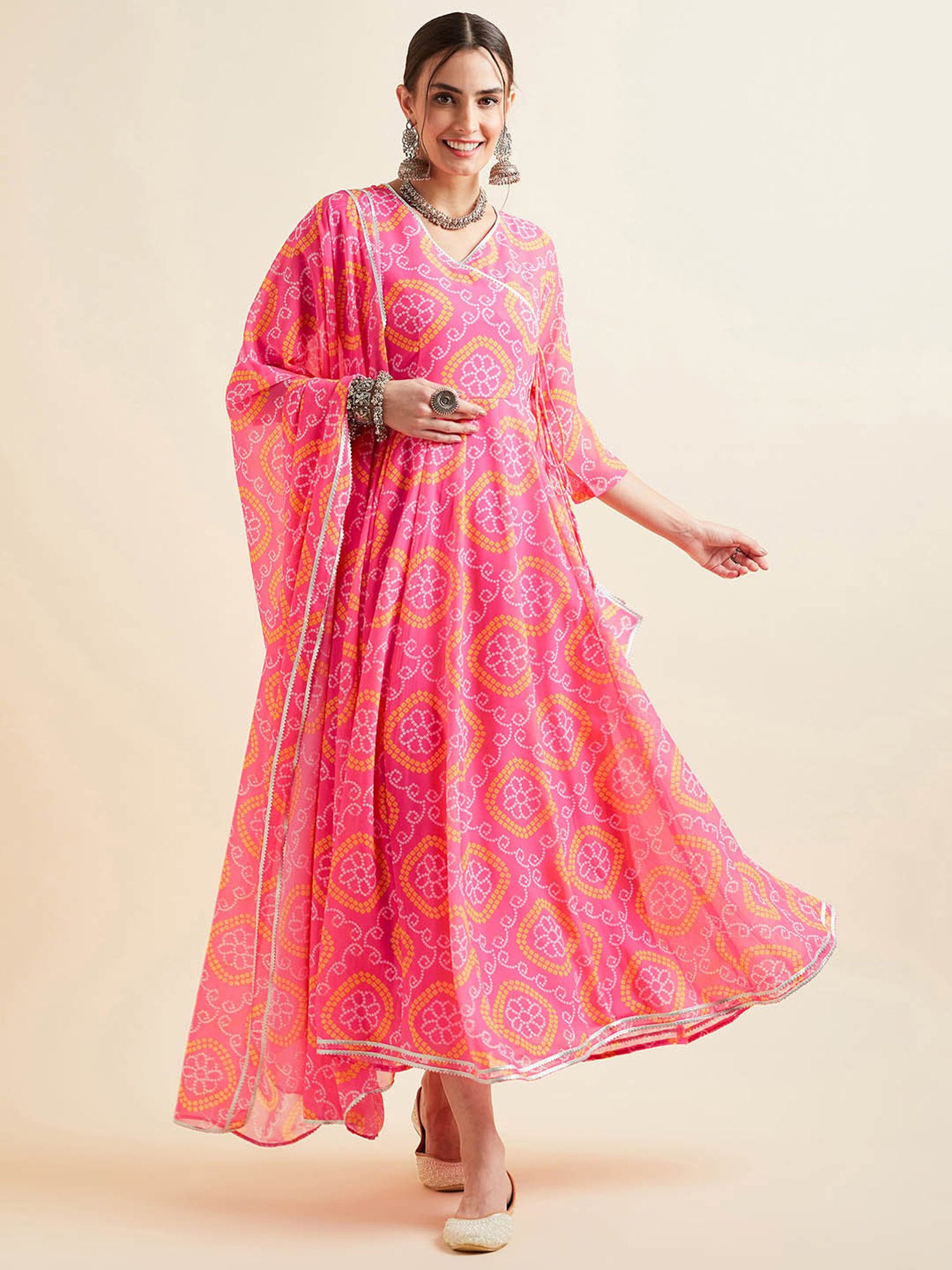 PANIT Pink Printed Ethnic Dress With Dupatta