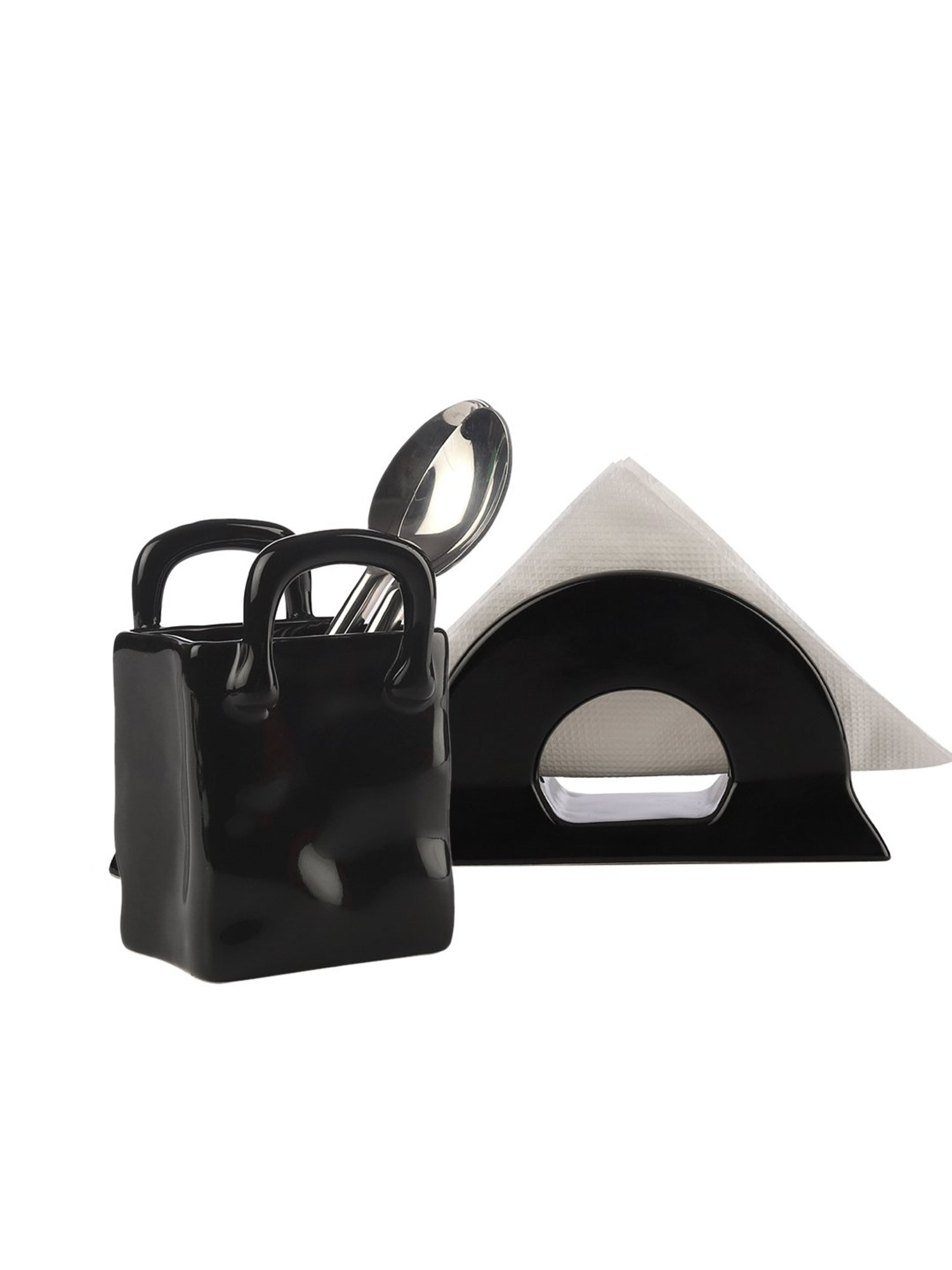 VarEesha Black Ceramic Cutlery and Napkin Holder - Set of 2