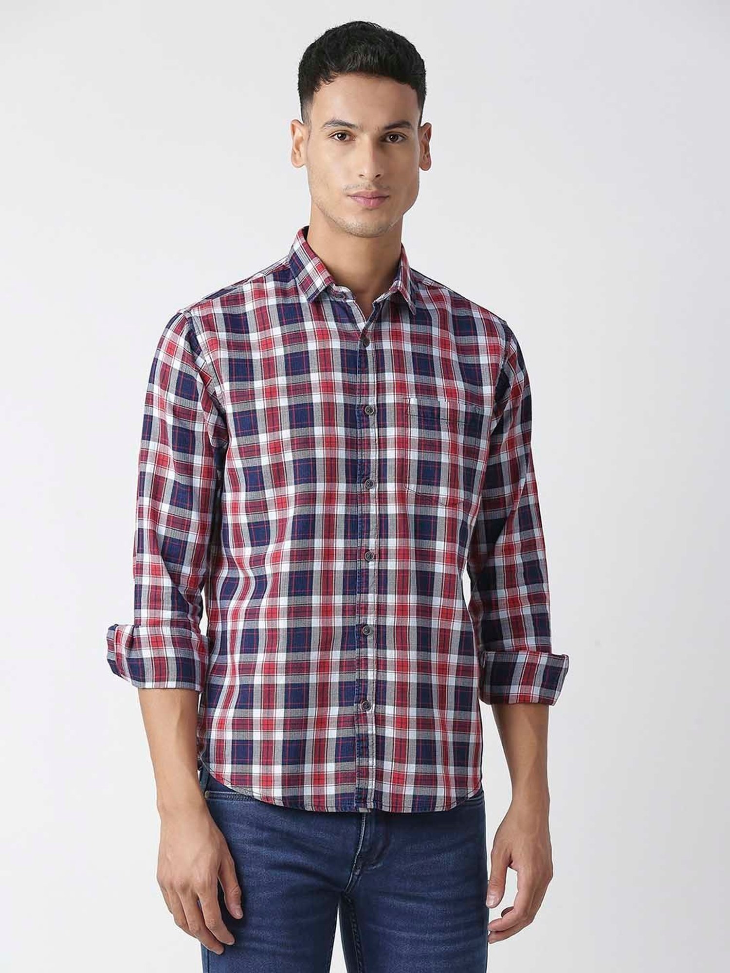 HJ HASASI Blue & Red Slim Fit Check Cotton Shirt