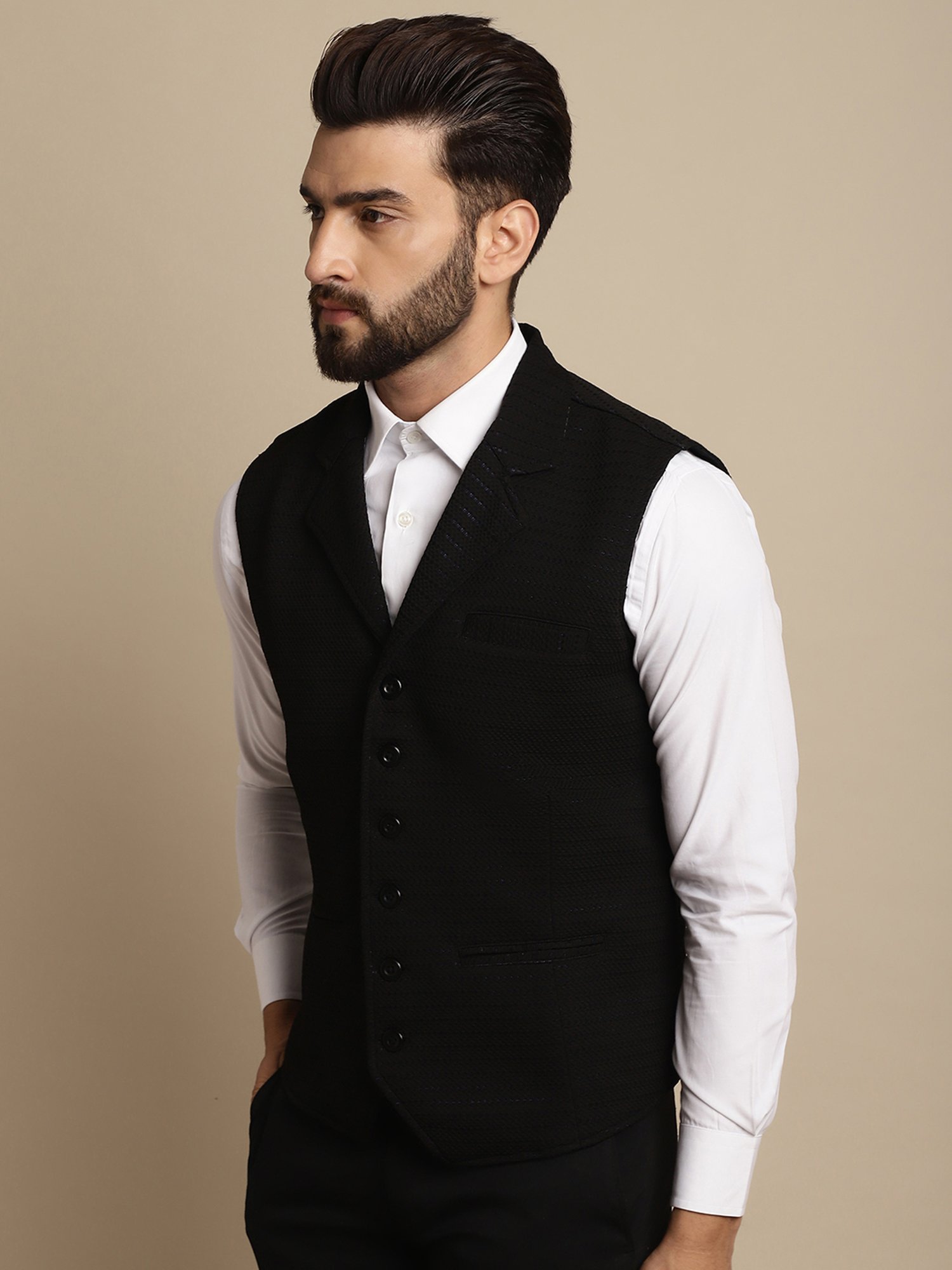 Even Black Regular Fit Self Design Notch Lapel Waistcoat