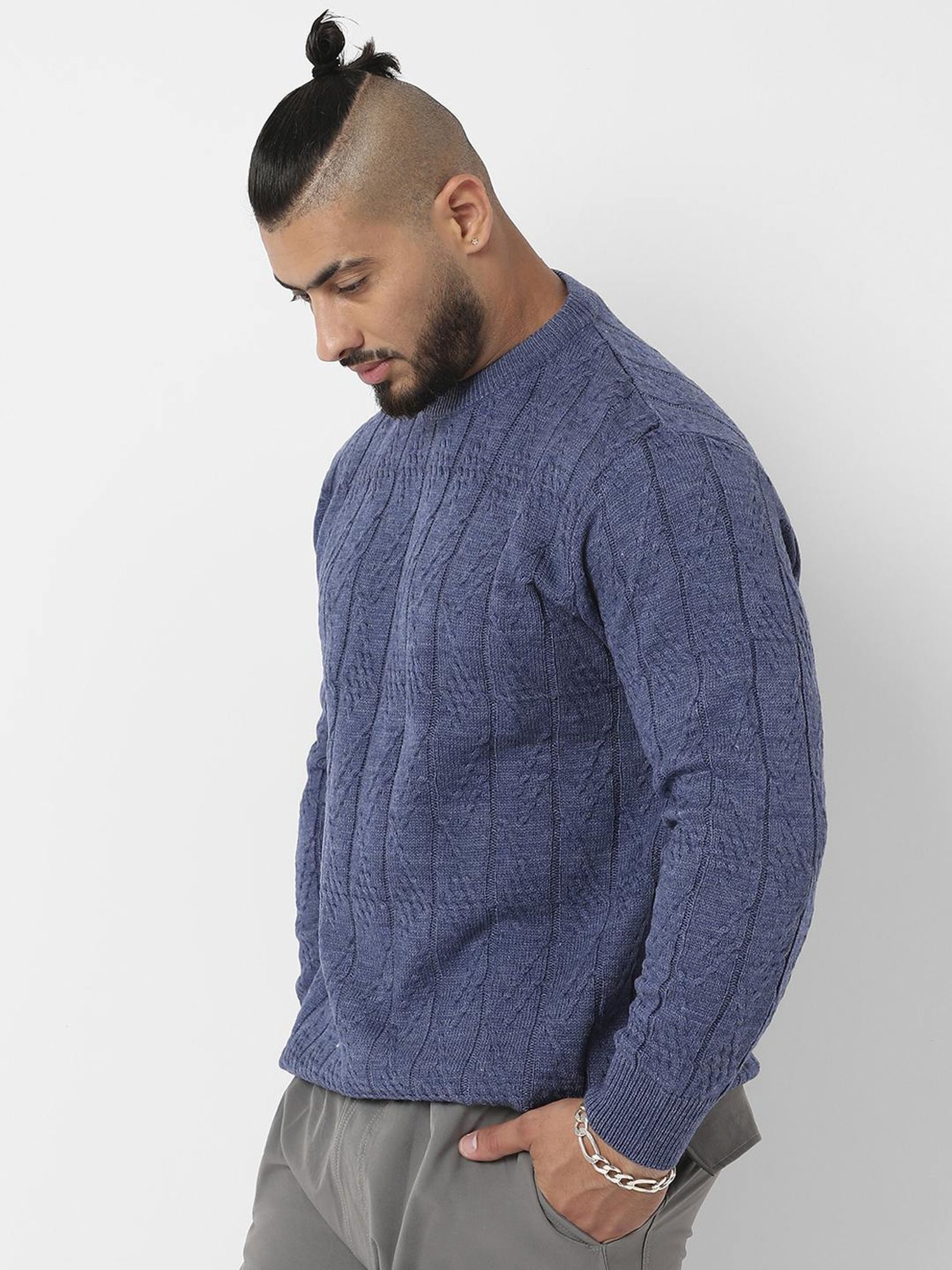 Instafab Plus Blue Regular Fit Texture Plus Size Sweater