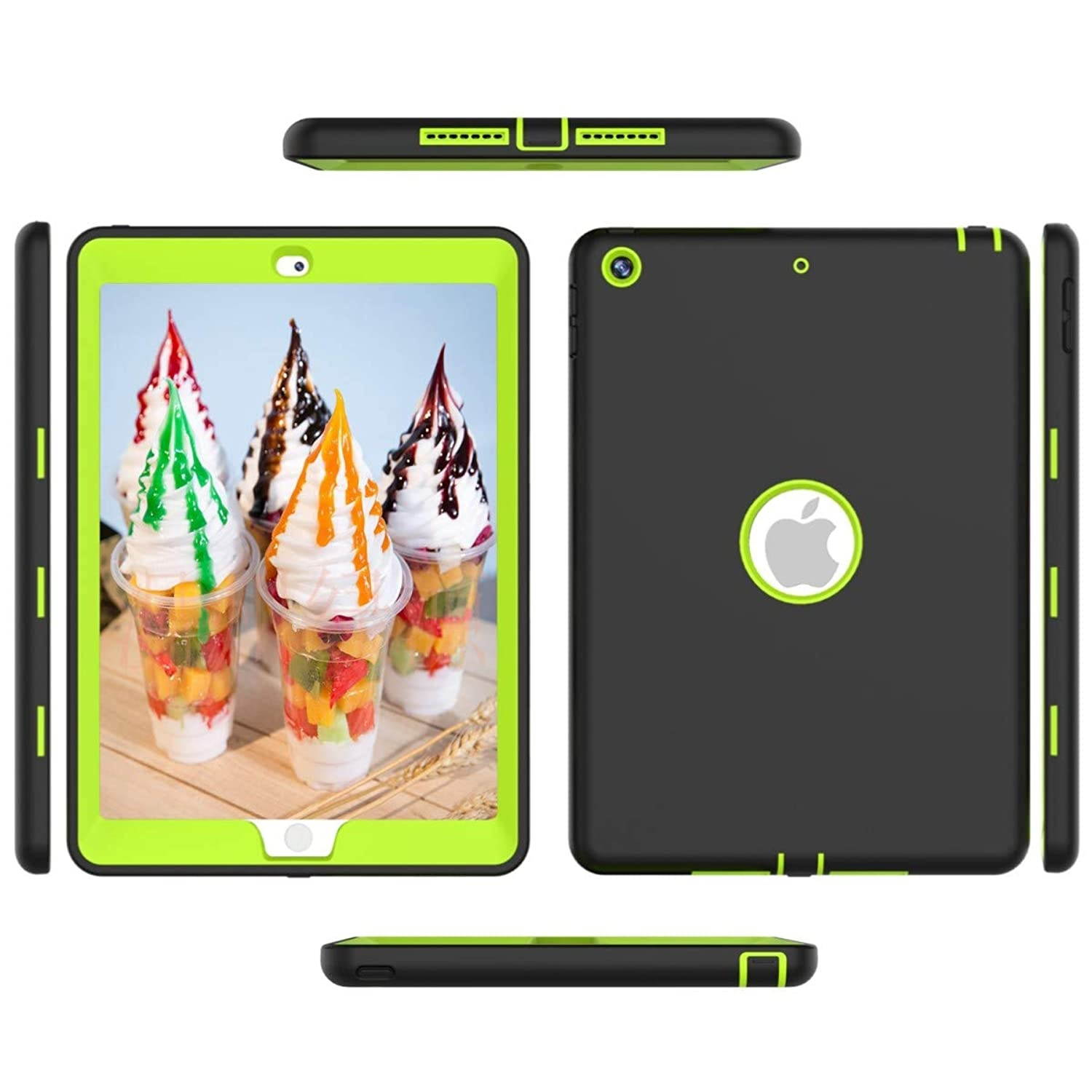 Air 1st Generation Ipad Case, IPad 6th / 5th Generation Case Caver, High-Impact Shock Absorbent Silicone Hard Plastic Dual Layer Protective Case Black Green