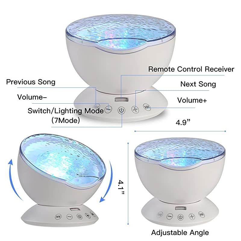 Mermaid Decor Remote Control Night Light Ocean Wave Projector 7 Colorful Ceiling Mood Lamp with Bulitin Speaker Music Player for Baby Adults Bedroom Living Room Black