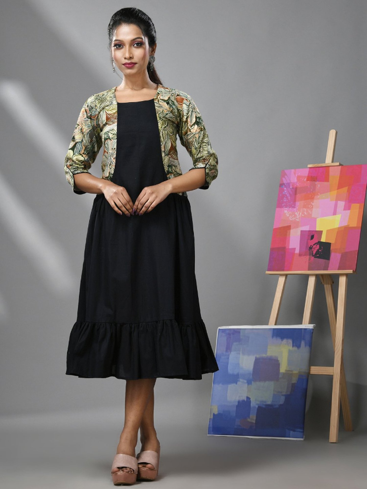 CHARUKRITI Black Cotton Printed A-Line Dress With Jacket