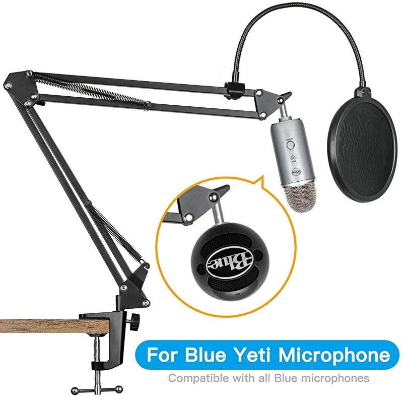 Microphone Suspension Scissor Boom Bracket Stand with Pop Filter and Mic Holder 58Screw for Blue Yeti Snowball Spark Yeti x and All Other Microphones